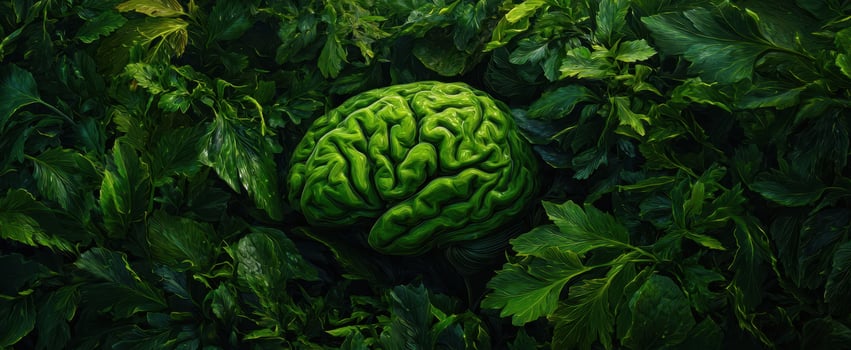 The Brain Nestled in Vibrant Green Leaves Representing Nature, Thought, and Growth photo