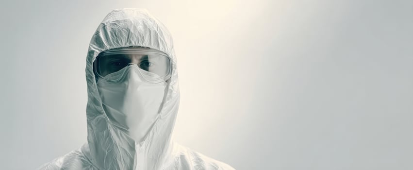The healthcare worker in full protective gear standing against a neutral background photo
