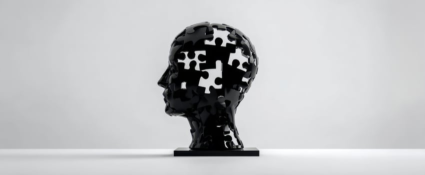 The Head glossy black puzzle sculpture with missing pieces in a minimalist studio photo