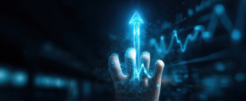 The Hand Pointing Toward a Holographic Upward Arrow Indicating Financial Growth photo