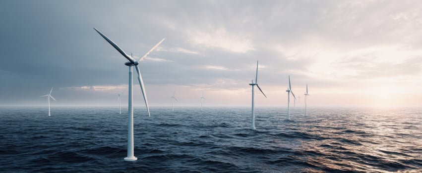 The offshore wind turbines stretching across a calm sea under dramatic cloudy sky photo