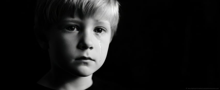 The boy with a single tear in a dramatic black and white closeup portrait photo