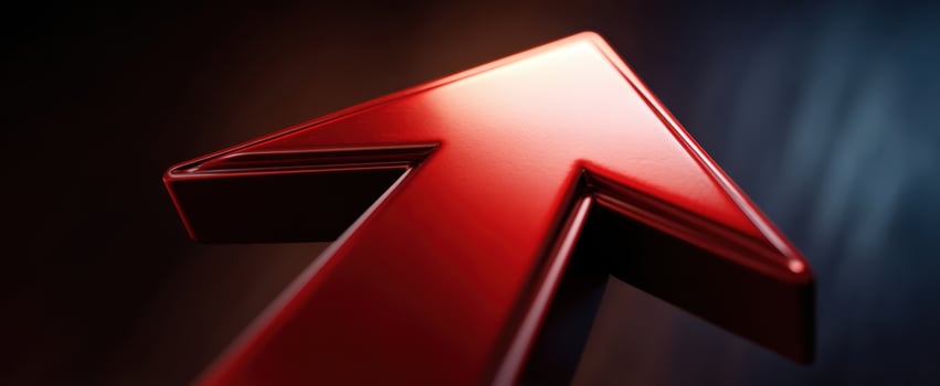 The Red Glossy Metallic Arrow Pointing Upward Over Dark Gradient Background photo