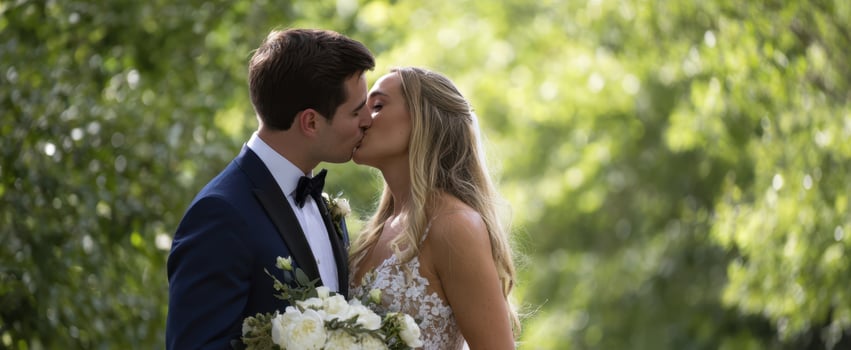 The Bride and Groom Sharing a Kiss at an Outdoor Garden Wedding Portrait photo