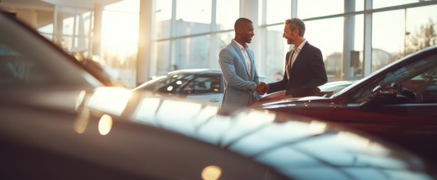 The Car Sales Handshake Sealing a Deal in a Bright Modern Showroom photo