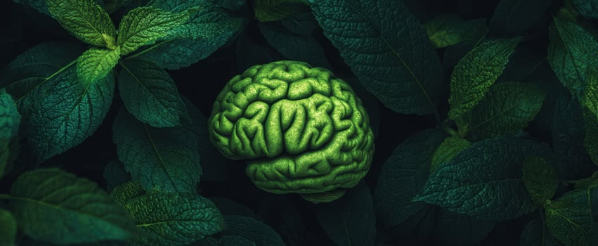 The Brain Nestled Among Vibrant Green Leaves Symbolizing Nature, Creativity, and Environmental Mindfulness photo