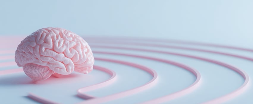 The Brain Model Resting on Soft Pastel Labyrinth Rings Symbolizing Creative Thought Pathways photo