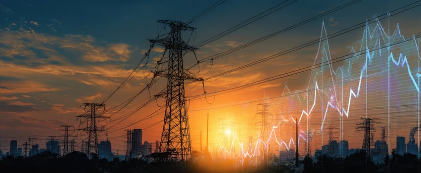 The Power Transmission Towers at Sunset with City Skyline and Energy Graph Overlay photo