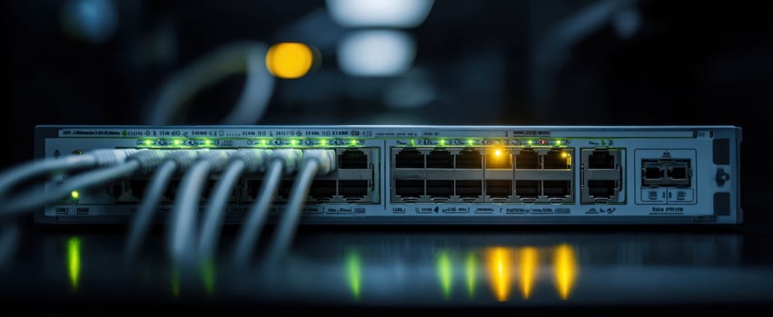The Network Switch with Lit Ethernet Cables and LEDs in Dark Server Room photo