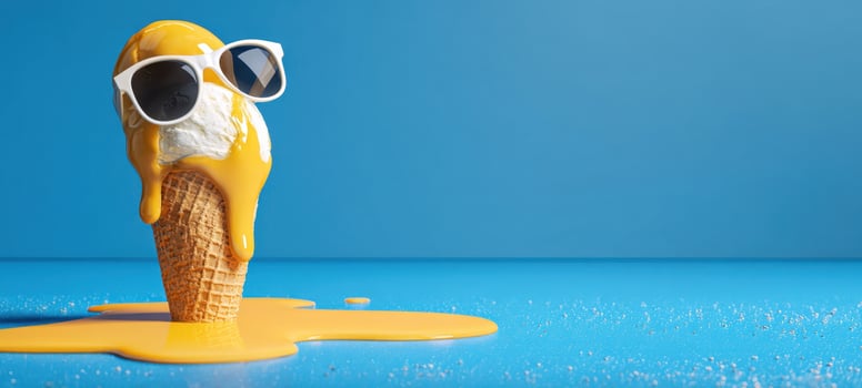 The Ice Cream Cone Wearing Sunglasses Melting in Bright Yellow Sauce on Blue Background photo