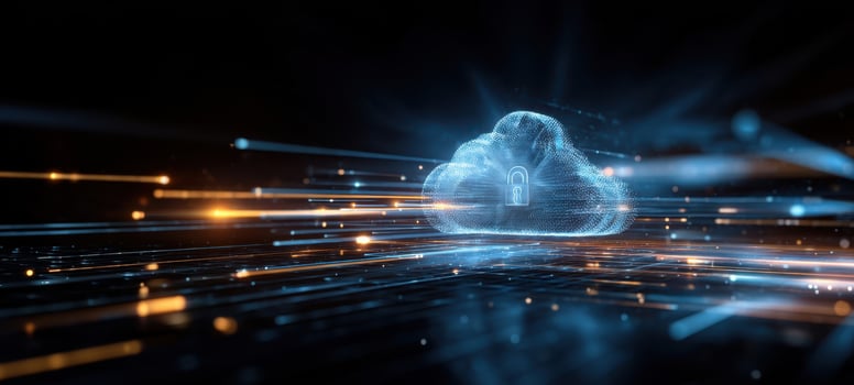 The Digital Cloud with Glowing Security Lock and High Speed Data Streams in Motion photo