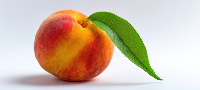 The Peach with a Vibrant Green Leaf on a Clean White Background photo