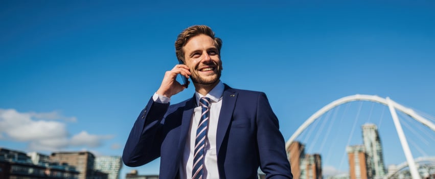 The Businessman on a Phone in a Modern Cityscape Near a White Arch Bridge photo