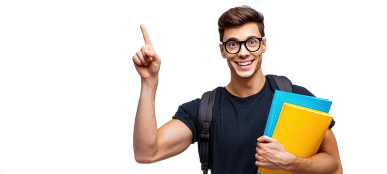 The student smiling and pointing upward holding colorful notebooks with backpack photo