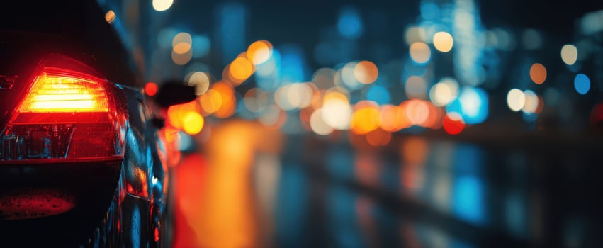 The Car Taillight Glowing Against a Rain-Soaked City Street at Night photo