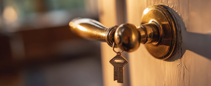 The Brass Doorknob with Hanging Keys Bathed in Warm Sunlight on Door photo