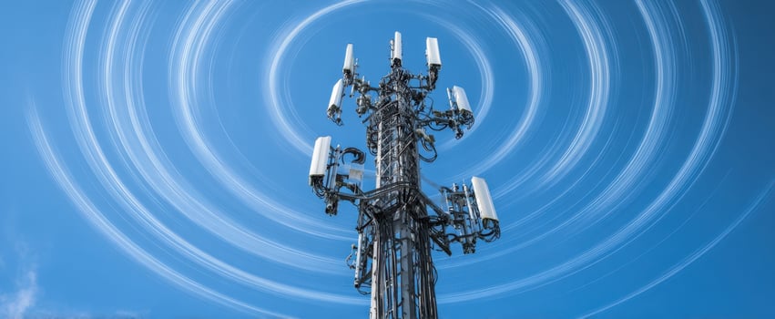The cell tower rising under circular star trails against a vivid blue sky at night photo
