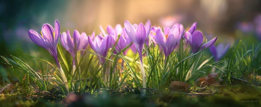 The crocus flowers bathed in golden sunlight on a dewy spring meadow photo