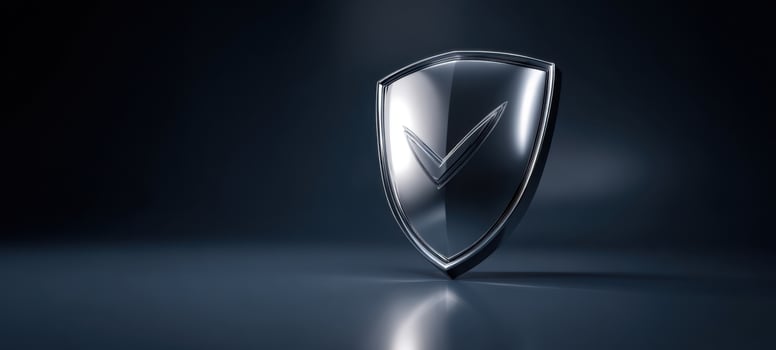 The Shield Emblem Reflective Metallic Logo on Dark Glossy Surface with Soft Spotlight photo