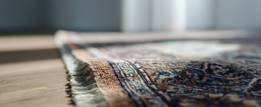 The Persian rug on sunlit hardwood floor with shallow depth of field photo