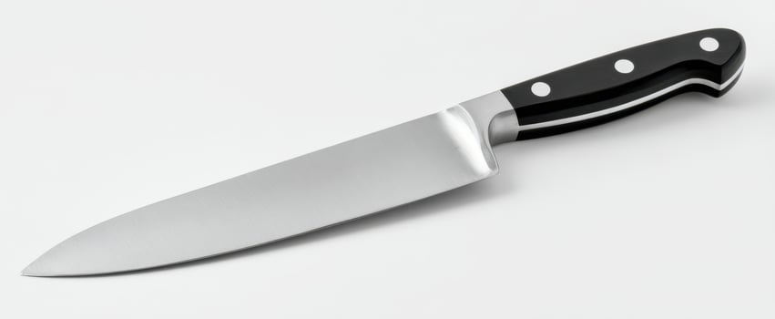 The Chef's Knife Lying on a White Background with Stainless Steel Blade photo