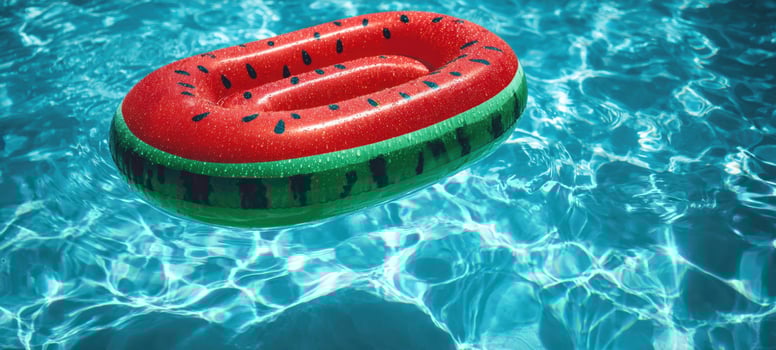 The Watermelon Pool Float Drifting on Sparkling Blue Summer Pool Water photo