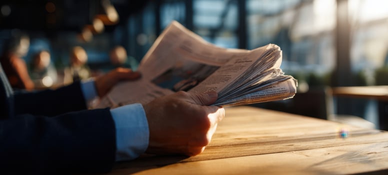 The Newspaper on a Wooden Table in a Sunny Modern Cafe Morning Scene photo