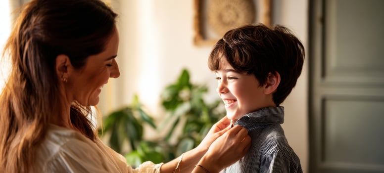 The Mother Adjusting Her Son's Collar in a Bright Cozy Home photo