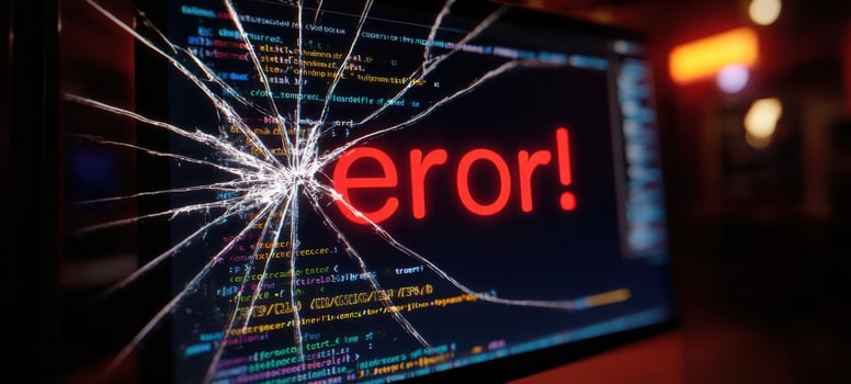 The computer screen displaying a red error message through shattered glass in darkness photo
