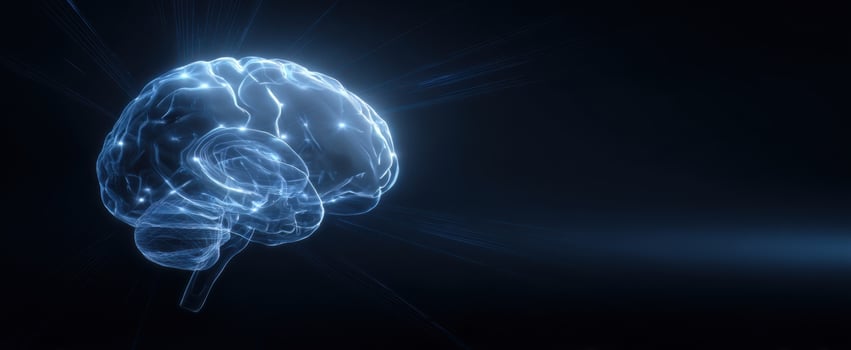 The glowing digital brain hologram floating in dark futuristic technology background photo