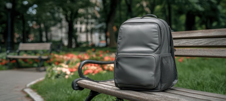 The backpack on a wooden bench in a lush park with floral background photo