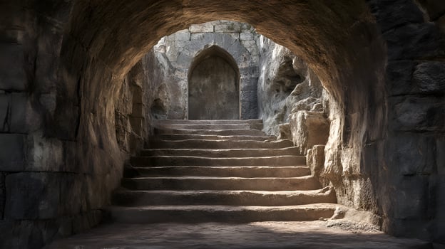 Stone stairway leading to closed door in ancient ruins photo