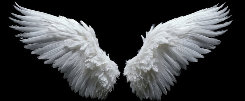 The white angel wings spread against a black background with soft detailed feathers photo