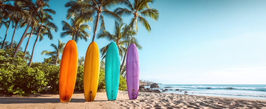 The Surfboards Standing Upright on a Tropical Sandy Beach with Palm Trees photo