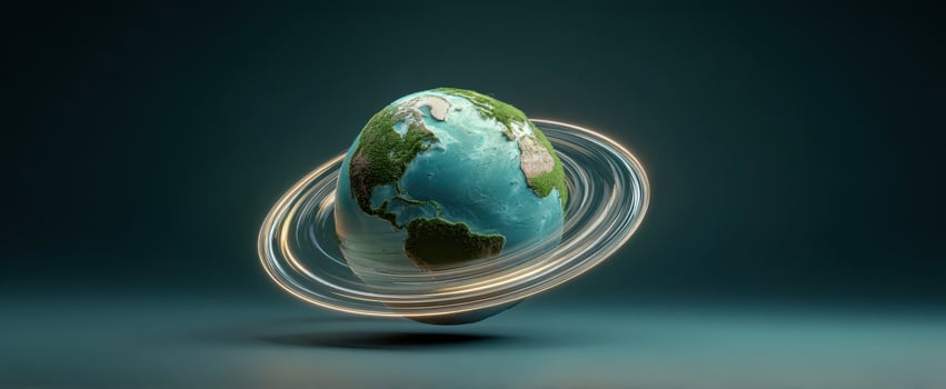 The Earth with Glowing Orbital Rings Floating Over Dark Gradient Background photo