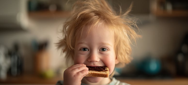 The toddler eating jam toast with a big smile in a cozy kitchen photo