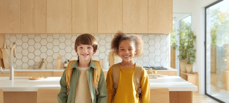 The smiling children in backpacks standing together in a modern bright kitchen photo