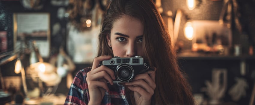 The Camera Held by a Young Woman in a Cozy Vintage Studio with Warm Lights photo