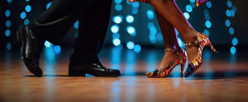 The Dancers' Feet on a Gleaming Ballroom Floor with Colorful High Heels photo