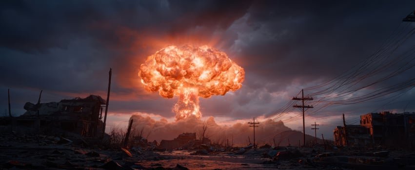 The Mushroom Cloud Over a Ruined Cityscape at Dusk with Fiery Glow photo