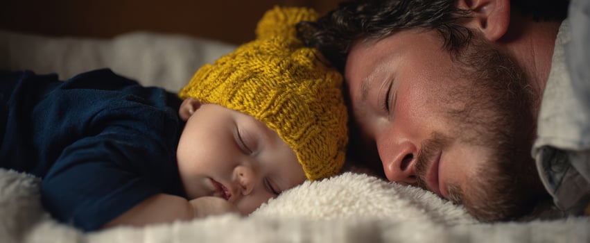 The Baby and Father Sleeping Together on a Cozy Blanket Showing Tender Bond photo