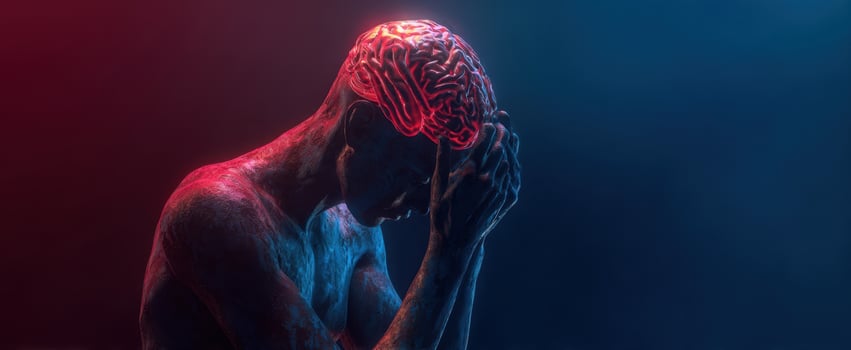 The Human Brain Illuminated Above a Pensive Figure in Neon Futuristic Concept Art photo