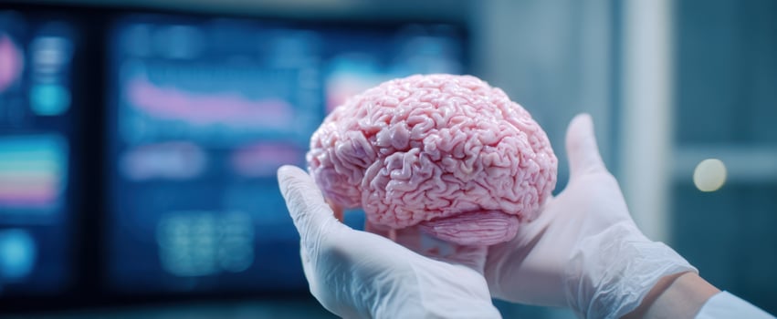 The Brain Held in Gloved Hands in a Clinical Laboratory with Monitors in Background photo