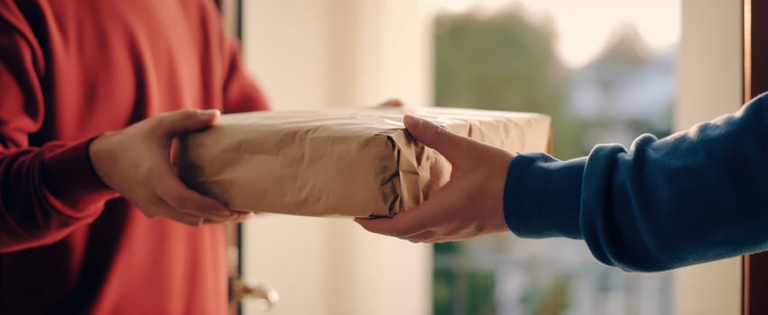 The Package Being Handed Over at a Home Doorstep Between Two People photo
