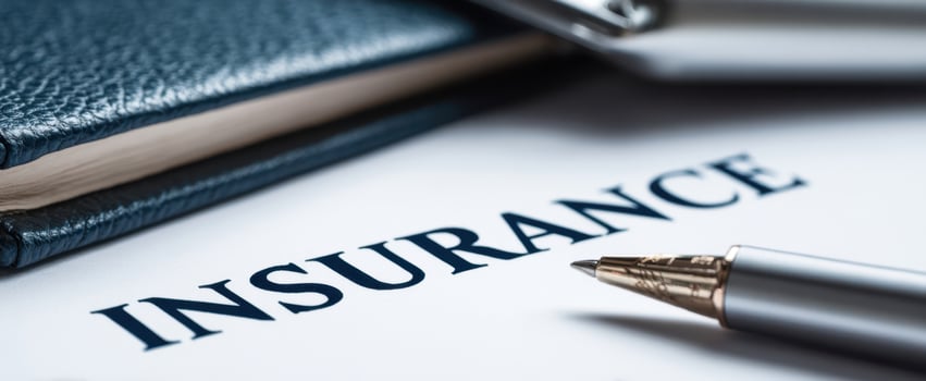 The insurance document with pen and leather notebook on a professional office desk photo