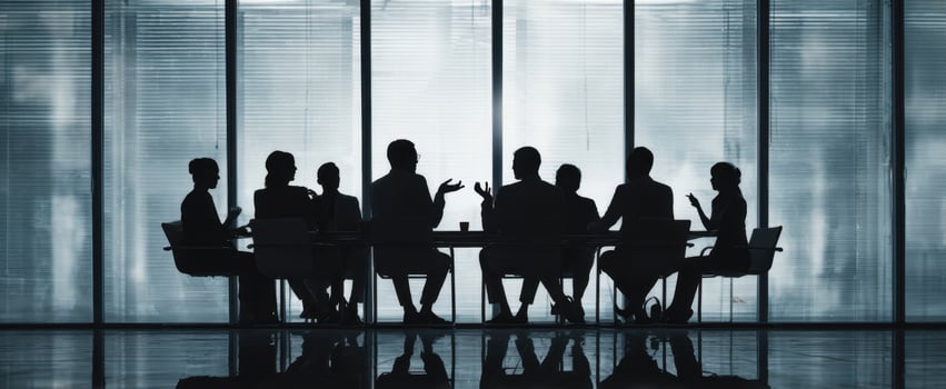 The Boardroom Meeting of Silhouetted Professionals Against Large Panoramic Glass Windows photo