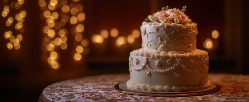 The Wedding Cake on a Lace Covered Table with Soft Bokeh Lights and Elegant Icing photo