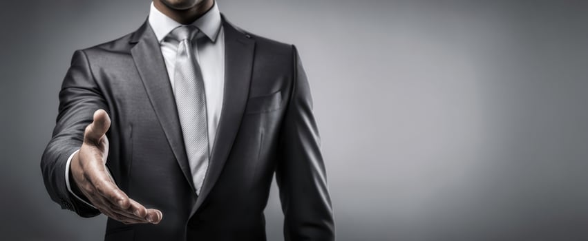 The businessman offering a handshake in a dark suit on a gray background photo