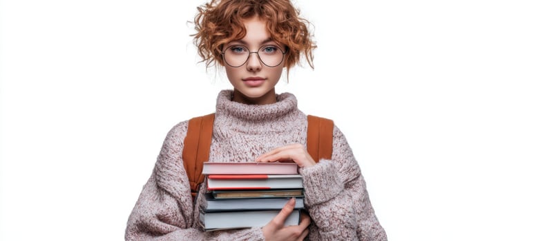 The student holding a stack of books wearing glasses and a cozy sweater photo