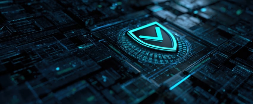 The Shield Icon on a Futuristic Circuit Board Representing Cybersecurity and Data Protection photo